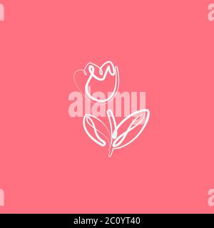 Linea di fiori tulipani che si disegna di bianco su rosa Illustrazione Vettoriale
