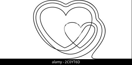 Linea continua che disegna due cuori, vettore bianco e nero illustrazione minimalista del concetto di amore Illustrazione Vettoriale