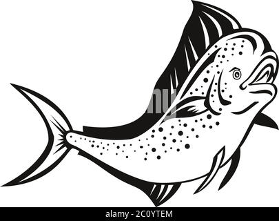 Illustrazione in stile retrò di un mahi-mahi, dorado o delfinish comune (Coryphaena hippurus), un pesce alettato a raggi che abita in superficie, saltando su fatto in bl Illustrazione Vettoriale