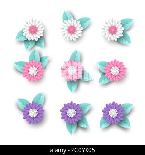 Set di fiori recisi in carta 3d con foglie. Elementi decorativi biglietti d'auguri, sfondi. Colori bianco, rosa e viola. Isolato su bianco, vettore Illustrazione Vettoriale
