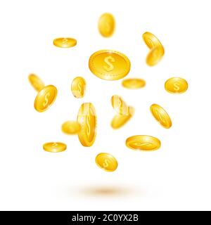 Monete d'oro in caduta 3d realistiche. Illustrazione Vettoriale