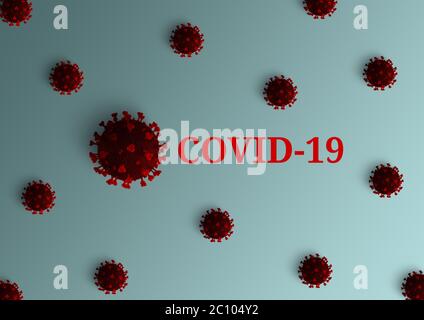 Banner con le parole 'covid-19' e molecole di coronavirus. Il virus SARS-COV-2 è rosso con un'ombra su sfondo blu. Rendering 3D, illustrazione 3d Foto Stock