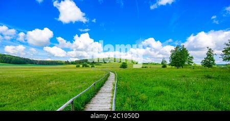 Schopflocher Moor (Torfgrube) a Lenningen, Alb Svevo, splendido paesaggio in Germania. Destinazione di viaggio. Foto Stock