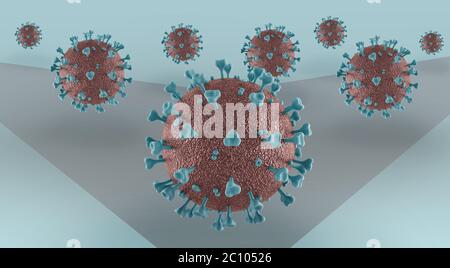 Attacco di molecole di coronavirus Covid-19. Sfondo blu con un'ombra dal virus. Visualizzazione 3D, illustrazione 3D Foto Stock