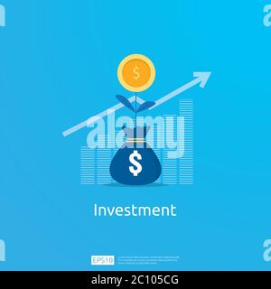 Concetto aziendale di obiettivo di raggiungimento. ROI Vision ritorno sugli investimenti. Frecce di crescita per il successo. Grafico aumentare il profitto con il sacco di soldi. Finanza Illustrazione Vettoriale