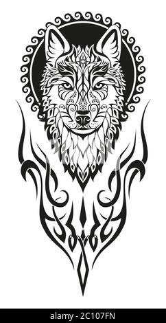 Personaggio astratto moderno lupo testa nero disegno su sfondo bianco per la stampa di disegno. Illustrazione artistica vettoriale. Illustrazione Vettoriale