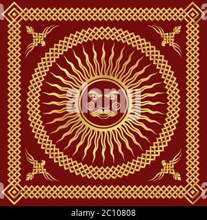 Cornice decorativa in oro, ornamento slavo su sfondo rosso. Illustrazione Vettoriale