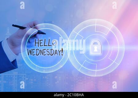 Cartello con su scritto Hello Wednesday. Foto di affari che mostra è un buon giorno quando si raggiunge nel mezzo della settimana Foto Stock