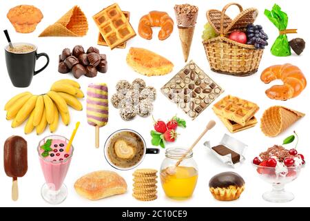 Impostare gli alimenti dolci isolati su sfondo bianco. Foto Stock