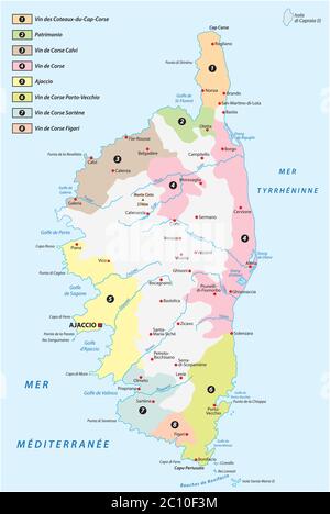 Mappa vettoriale delle regioni viticole dell'isola mediterranea francese della Corsica Illustrazione Vettoriale