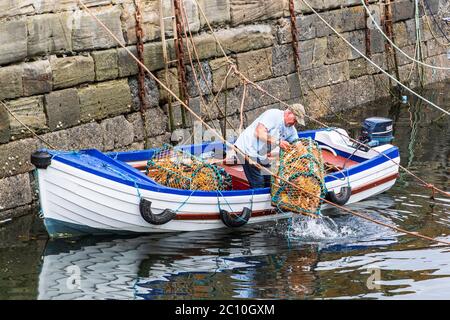 Pescatore che prepara pentole di aragosta sul porto di Dunure Harbor, Ayrshire, Scozia, Regno Unito Foto Stock