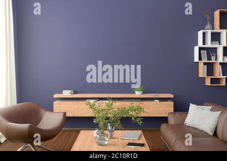 Una parete blu vuota si può fomare nel soggiorno. rendering 3d Foto Stock