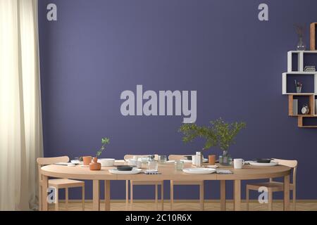 Parete blu vuota simulata nella sala da pranzo con tavolo servito. rendering 3d Foto Stock