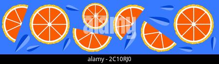 Banner Web con sezioni arancioni tagliate e foglie. Illustrazione vettoriale piatta. Illustrazione Vettoriale