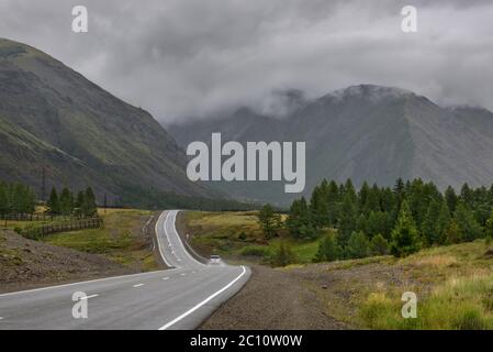 Vista panoramica della strada tortuosa di asfalto bagnato nelle montagne e larici verdi sullo sfondo di tuonvole in tempo piovoso nuvoloso Foto Stock