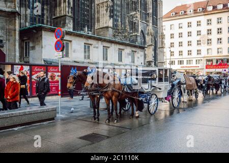 Carrozze a cavallo in attesa di turisti di fronte alla Cattedrale di Santo Stefano. Un tour su una carrozza trainata da cavalli, Stephansplatz, Vienna. Foto Stock