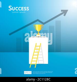 concetto di business con scala e coppa trofeo. direzione freccia verso il vincitore del successo. Visione della crescita finanziaria, riconoscimento della vittoria e carriera personale Illustrazione Vettoriale