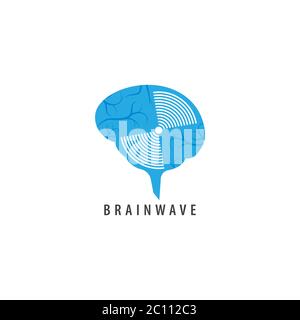 Modello di design con logo BrainWave. Cervello blu con un concetto di logo di illustrazione di spin del segnale a onda. Isolato su sfondo bianco. Illustrazione Vettoriale