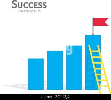 Concetto di business di successo con scala di arrampicata e bandiera di obiettivo in cima. Finanziare il target di successo della visione. Crescita freccia su. stile piatto Illustrazione Vettoriale