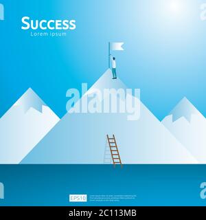 Concetto di business di successo con scala di arrampicata e bandiera di obiettivo in cima. Finanziare il target di successo della visione. Crescita freccia su. stile piatto Illustrazione Vettoriale