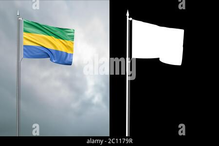 Illustrazione in 3d della bandiera di stato della Repubblica gabonese che si muove nel vento al flagpole di fronte ad un cielo nuvoloso con il suo canale alfa Foto Stock