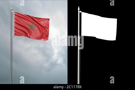 Illustrazione 3d della bandiera di stato del Regno del Marocco che si muove nel vento al flagpole di fronte ad un cielo nuvoloso con il suo canale alfa Foto Stock