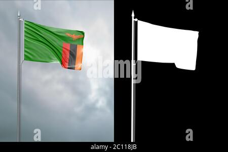 Illustrazione in 3d della bandiera di stato della Repubblica dello Zambia che si muove nel vento al flagpole di fronte ad un cielo nuvoloso con il suo canale alfa Foto Stock