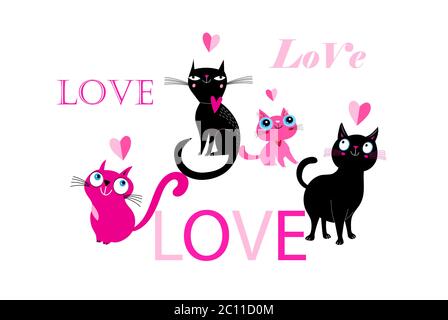 Gatti vettoriali in amore e amore scritta su uno sfondo bianco isolato per San Valentino. Illustrazione Vettoriale