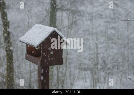 Birdhouse in legno in giardino innevato Foto Stock