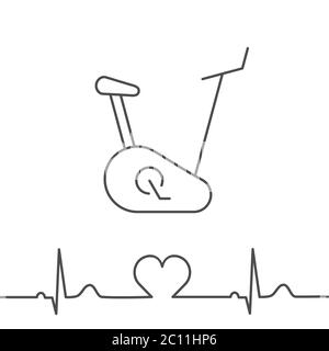 Cyclette con linea di battito cardiaco. Concetto di test da sforzo cardiopolmonare. Bicicletta fissa per test di stress cardiaco. Ergometro. Icona linea sottile Illustrazione Vettoriale