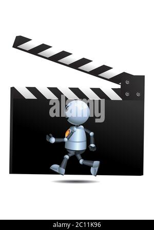 immagine di un piccolo robot felice che gira nella scheda del regolacapelli del film anteriore su sfondo bianco isolato Foto Stock