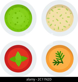 Sughi vegetariani in ciotole vista dall'alto icona vettore piatto isolato Illustrazione Vettoriale