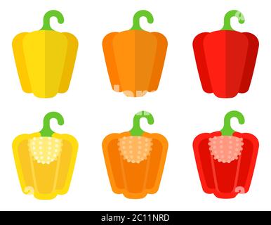 Icone vettoriali Set peperoni campanieri - giallo, arancione e rosso in design piatto. Illustrazione Vettoriale