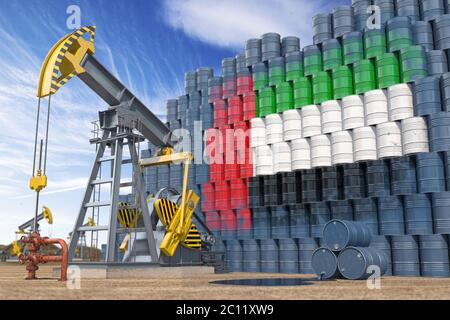 Produzione ed estrazione di petrolio negli Emirati Arabi Uniti. Martinetto per pompa dell'olio e barili con bandiera degli Emirati Arabi Uniti. illustrazione 3d Foto Stock