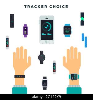 Scelta di diversi braccialetti per il fitness, gadget con app e illustrazione vettoriale delle mani in design piatto. Illustrazione Vettoriale