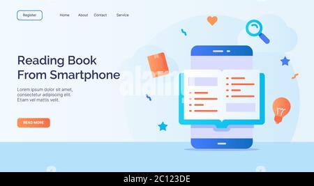 Leggere il libro da smartphone per campagna web sito home homepage landing page modello con colori pieni moderno stile piatto vettore illustrati Foto Stock