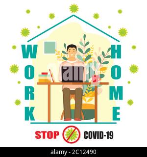 Concetto di vettore di auto quarantena di coronavirus. Un giovane che lavora a casa sul suo laptop. Virus Covid-19 fuori casa. Lavoro e soggiorno a casa. Arresto f Illustrazione Vettoriale