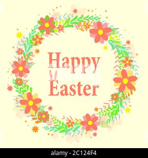 Buona Pasqua colorata corona floreale con foglie e testo. Sfondo dell'illustrazione vettoriale. Illustrazione Vettoriale