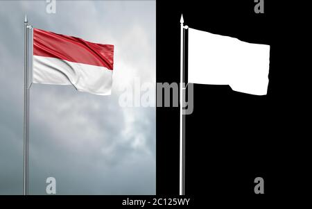 Illustrazione in 3d della bandiera di stato della Repubblica di Indonesia che si muove nel vento al flagpole di fronte ad un cielo nuvoloso con il suo canale alfa Foto Stock
