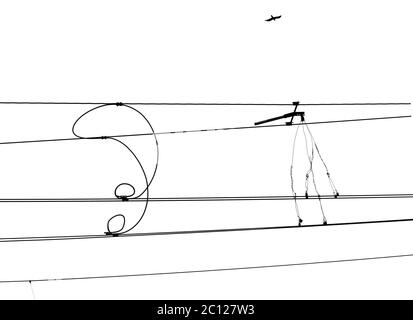 Sistema di elettrificazione ferroviario isolato. Filo della linea aerea sopra la guida. Linee elettriche Foto Stock
