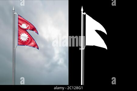 Illustrazione 3d della bandiera di stato di illustrazione 3d della bandiera di stato della Repubblica federale democratica del Nepal che si muove nel vento a t Foto Stock