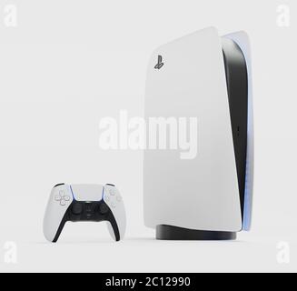 Giappone - 11 giugno 2020. Presentazione di un nuovo prodotto Sony, console bianca wireless PlayStation 5 e gamepad su sfondo bianco, console di gioco. 3d Foto Stock