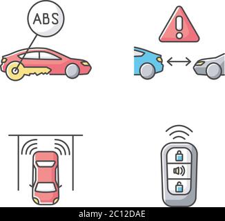 Sistema di sicurezza di guida intelligente set di icone a colori RGB Illustrazione Vettoriale