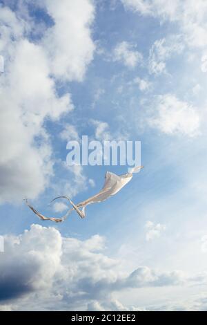 White kite battenti contro il cielo blu pieno di nuvole. L'immagine verticale Foto Stock