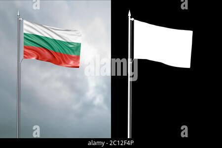 Illustrazione in 3d della bandiera di stato della Repubblica di Bulgaria che si muove nel vento al flagpole di fronte ad un cielo nuvoloso con il suo canale alfa Foto Stock