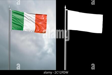 Illustrazione in 3d della bandiera di stato della Repubblica italiana che si muove nel vento al flagpole davanti ad un cielo nuvoloso con il suo canale alfa Foto Stock