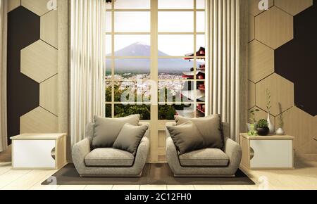 Poltrona su interni moderni con piastrelle esagonali in legno sulla parete. Rendering 3D Foto Stock