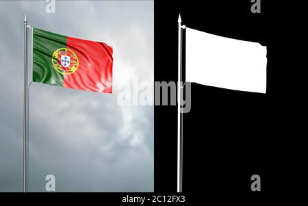 Illustrazione in 3d della bandiera di stato della Repubblica portoghese che si muove nel vento al flagpole di fronte ad un cielo nuvoloso con il suo canale alfa Foto Stock