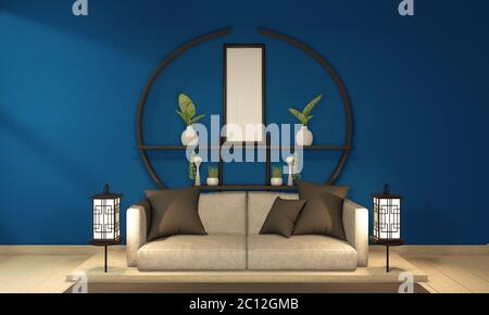 Interni moderni del soggiorno Zen, divano bianco e decor di stile Giapponese su sfondo blu scuro delle pareti. rendering 3d Foto Stock