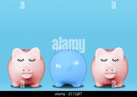 Distinguiti dalla folla o dal concetto strano di uno fuori con banchi di piggy in fila con uno centrale in blu e girando le spalle. Il concetto include la discriminazione Foto Stock